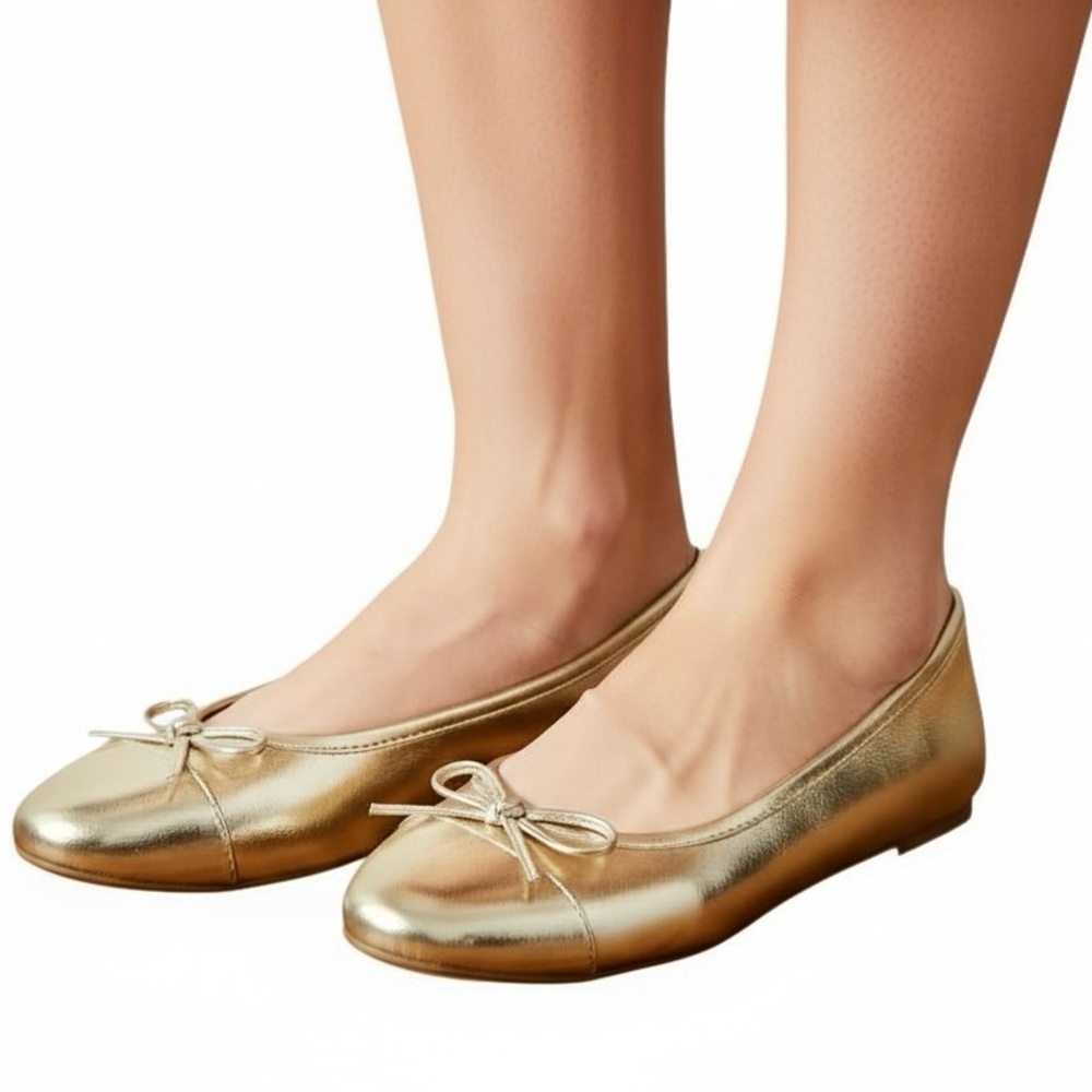 H&M NWT Gold Ballet Flats Bow Metallic Shoes Sz 5 Spring Summer Party